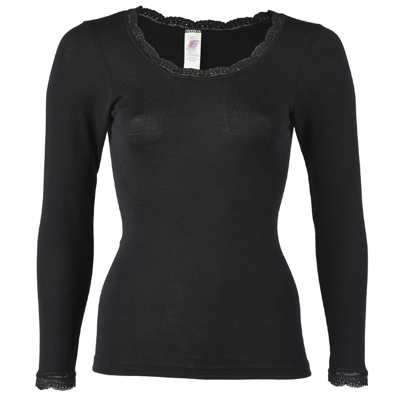 704890-09 Damen-Shirt langarm – Wolle/Seide, schwarz mit Spitze – Bild 1