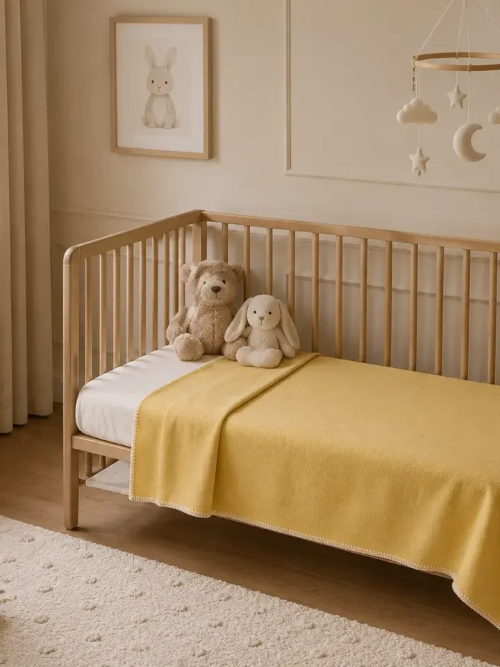 Gelbe Wolldecke in einem liebevoll eingerichteten Kinderzimmer