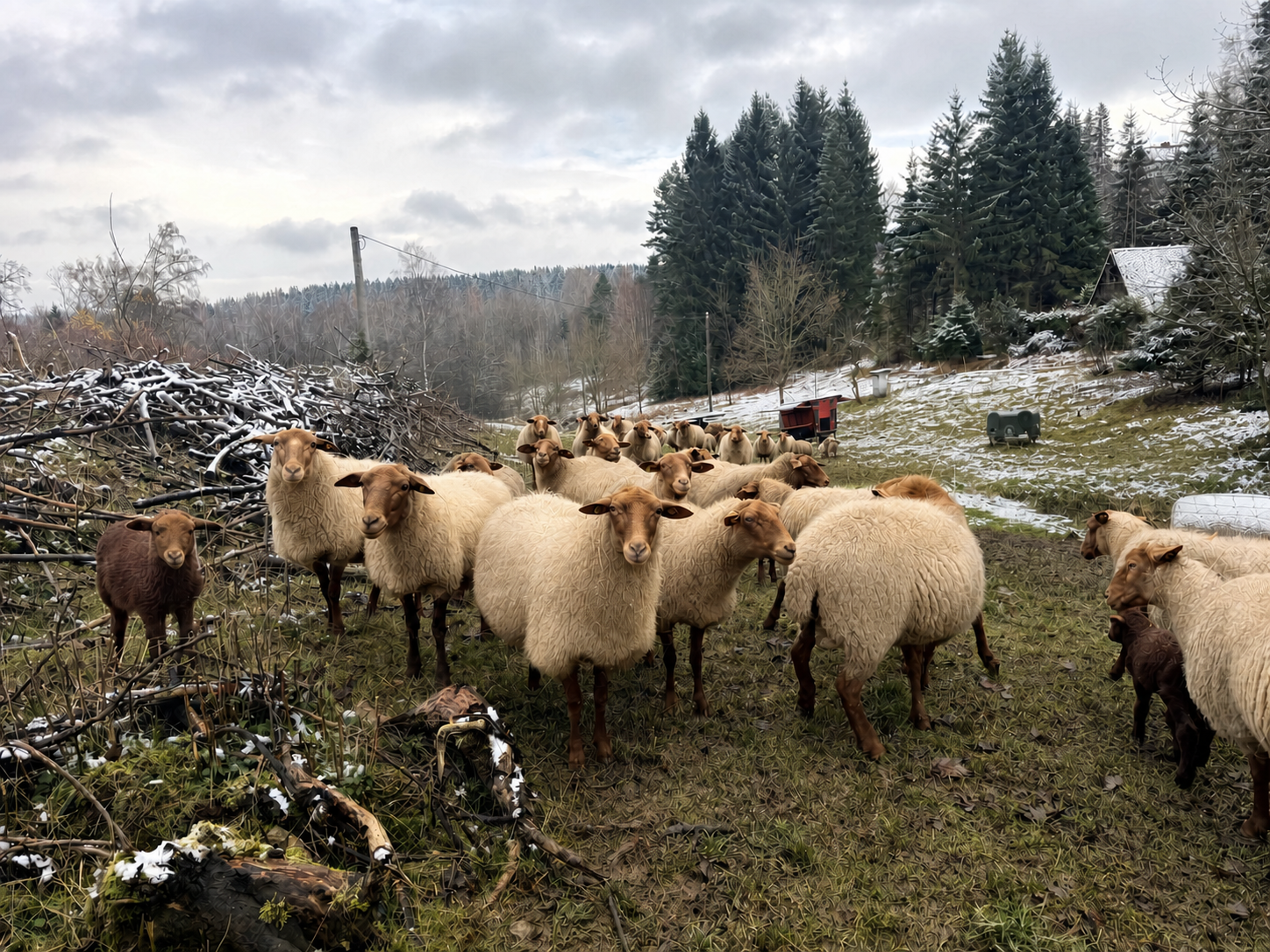 Unsere Schafherde in der winterlichen Landschaft