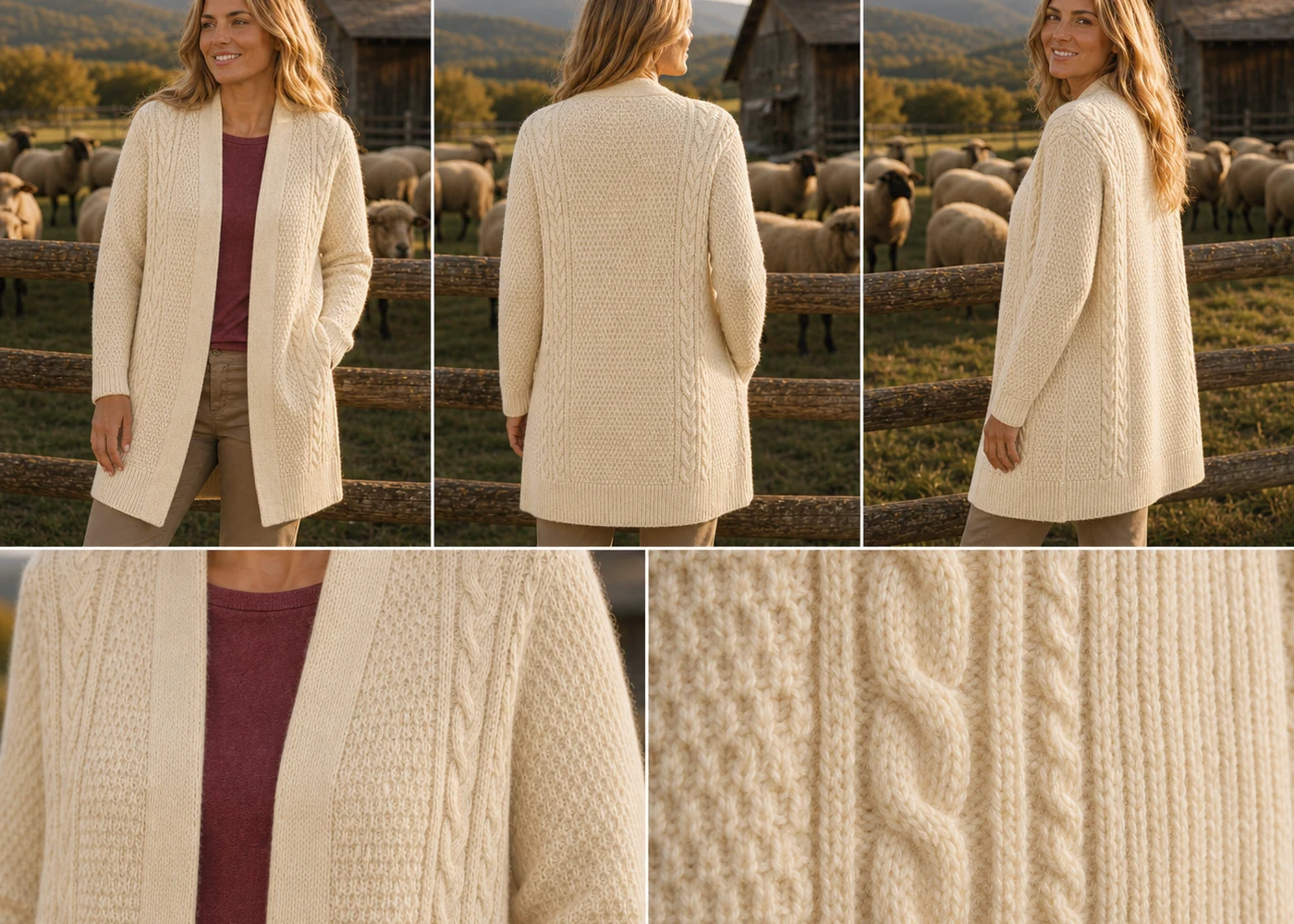 Cremefarbener Cardigan aus eigener deutscher Fertigung mit Ansichten und Strickdetails