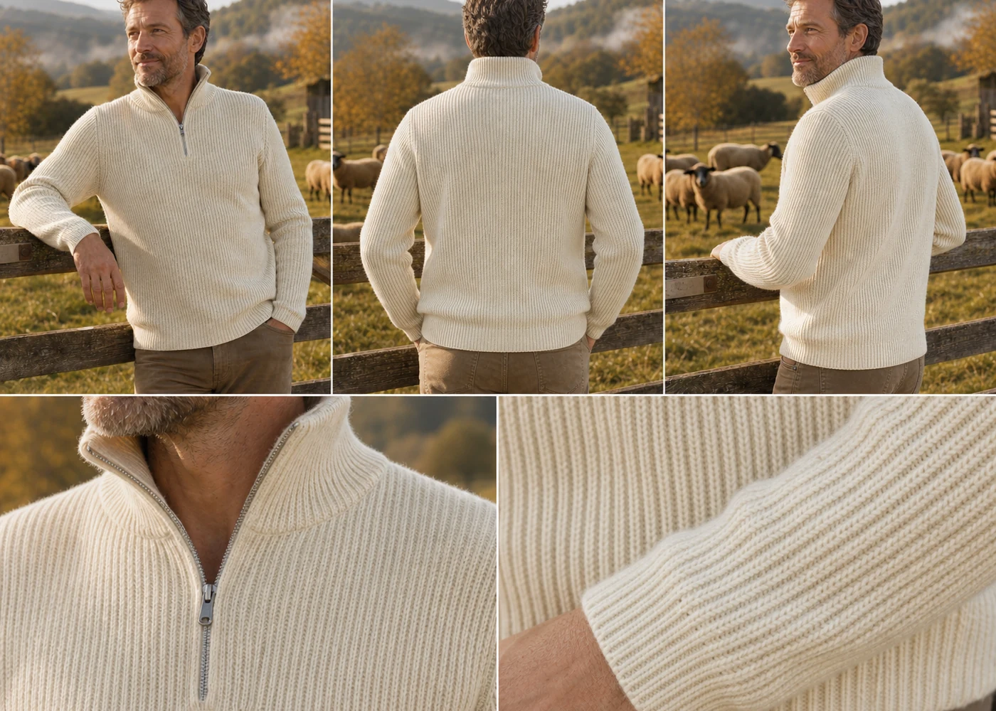 Cremefarbener Troyer aus eigener deutscher Fertigung mit Ansichten und Strickdetails