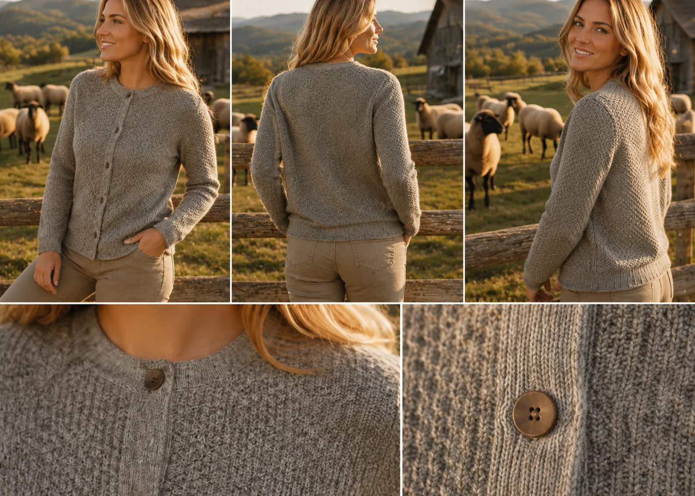 Graue Strukturjacke aus eigener deutscher Fertigung mit Ansichten und Strickdetails