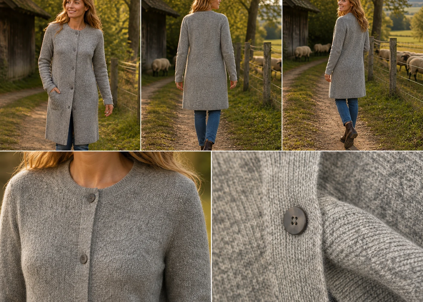 Grauer Strickmantel aus eigener deutscher Fertigung mit Ansichten und Strickdetails