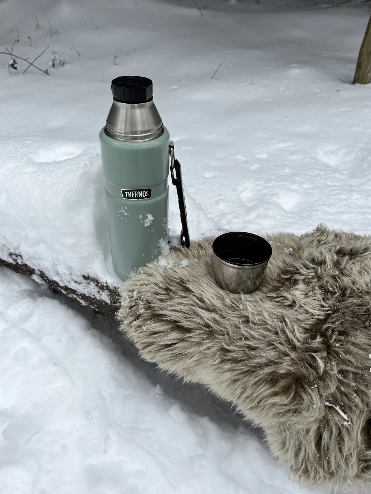 Schaffell in winterlicher Atmosphäre mit Thermoskanne